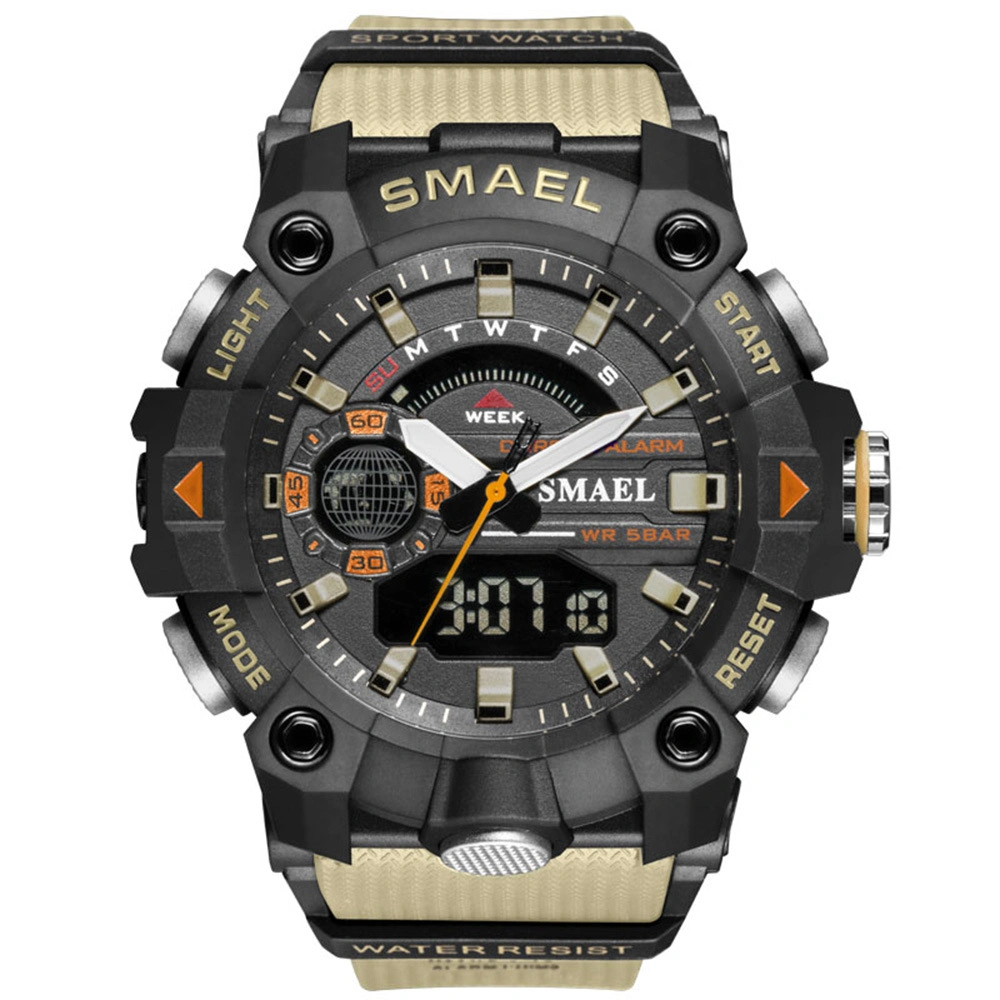 Khaki Outdoor Watch Men's Multi-Function Electronic Sports Watch Dual Display Luminous Alarm Watch