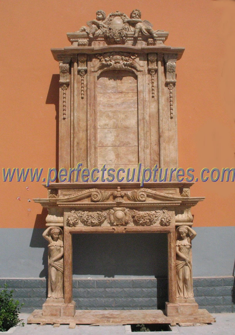 Stone Marble Double Mantel Fireplace with Carved Angel Figure Carving Statue (QY-LS286)