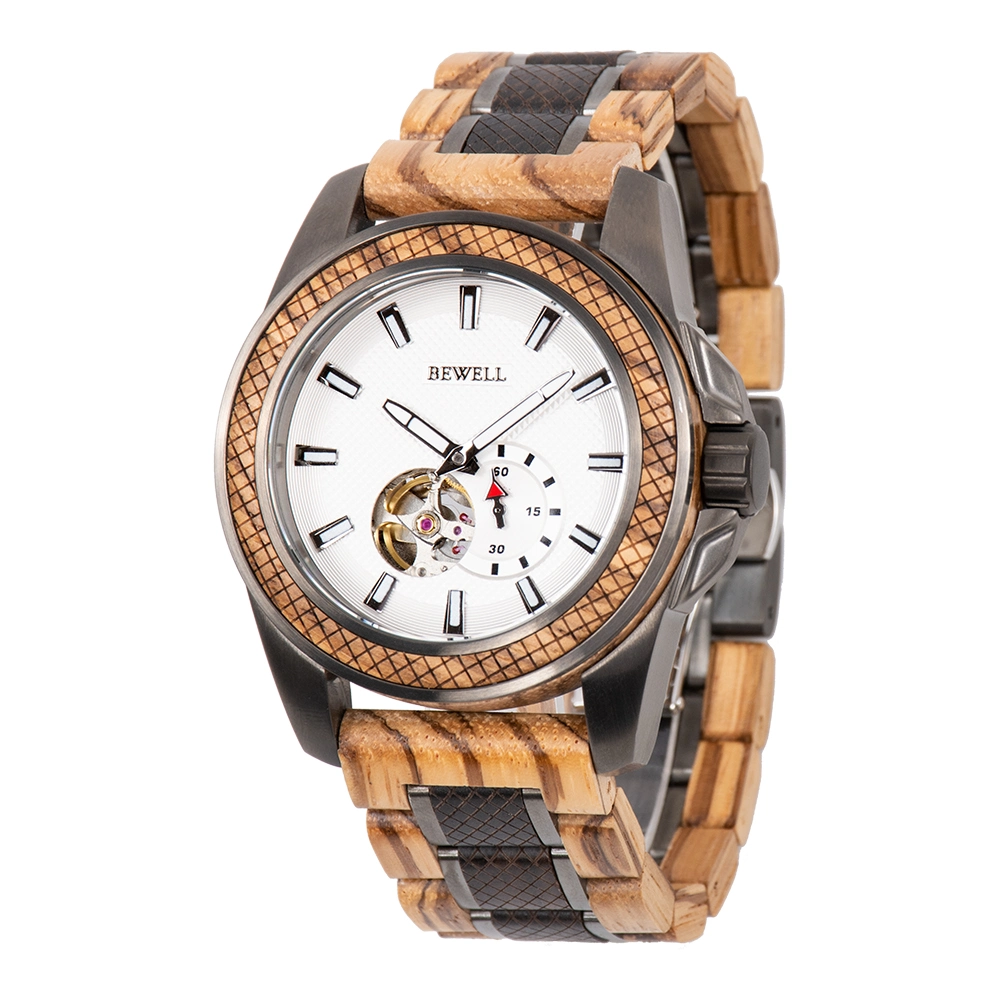 Bewell New Arrival Wholesale/Supplier Luxury Stainless Steel with Wood Case and Strap 3ATM Water Resistant Men Wood Automatic Watch