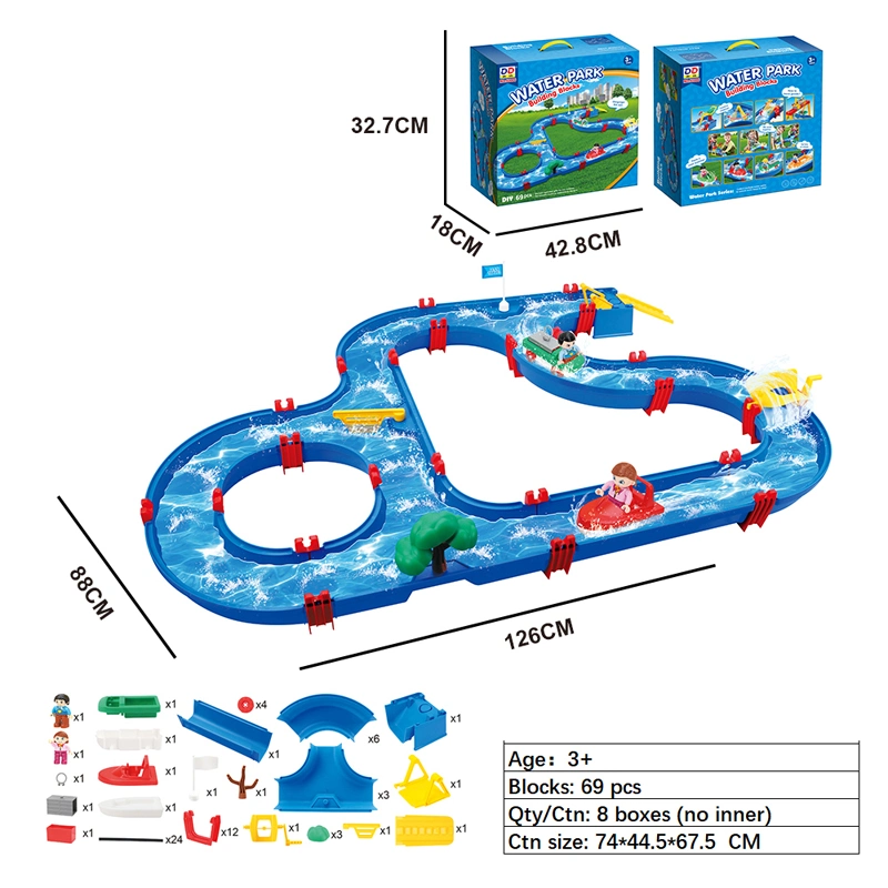 Neues Design 69PCS DIY zusammengebaut Bausteine Schiebe Slot Boot Racing Sommer Wasser Park Spiel Wasser Track Spielzeug