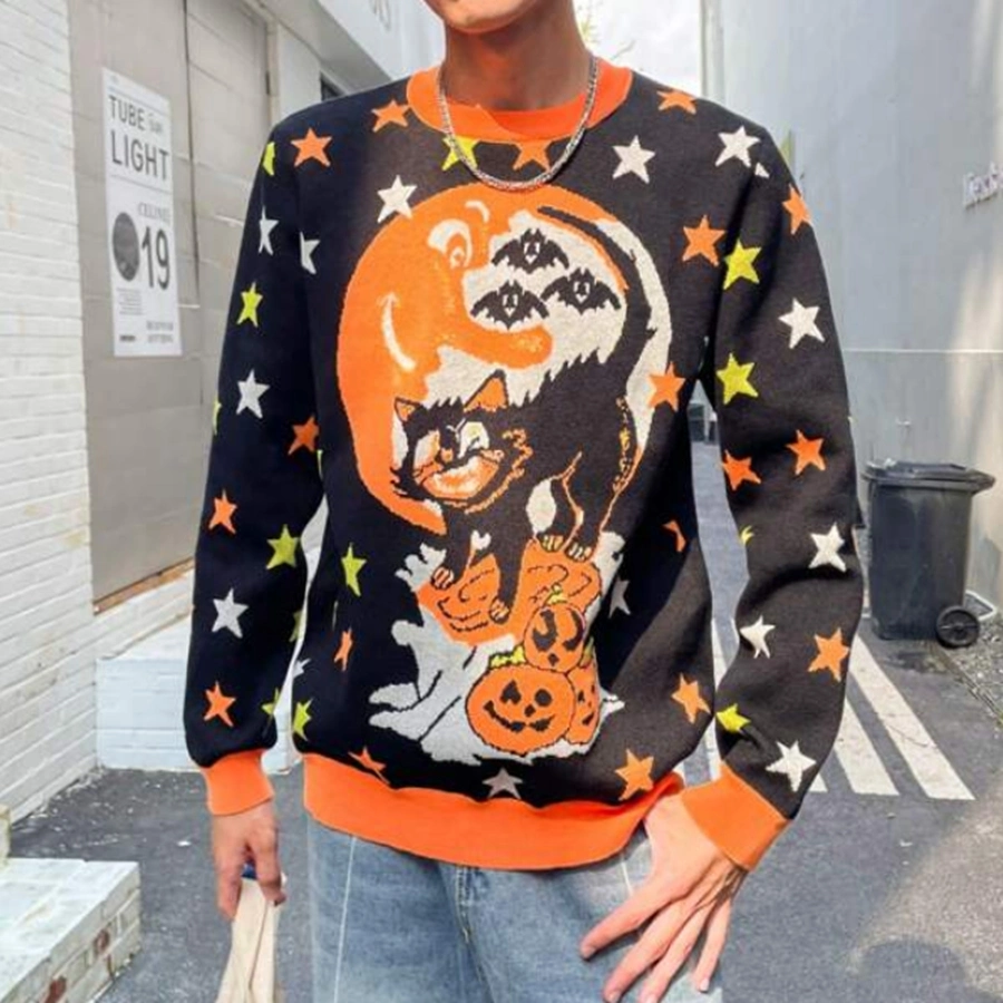 Camisola tricotada de alta qualidade com design de venda a quente e um jumper de Natal Knitwear Homens Halloween padrão contraste Trim Sweater