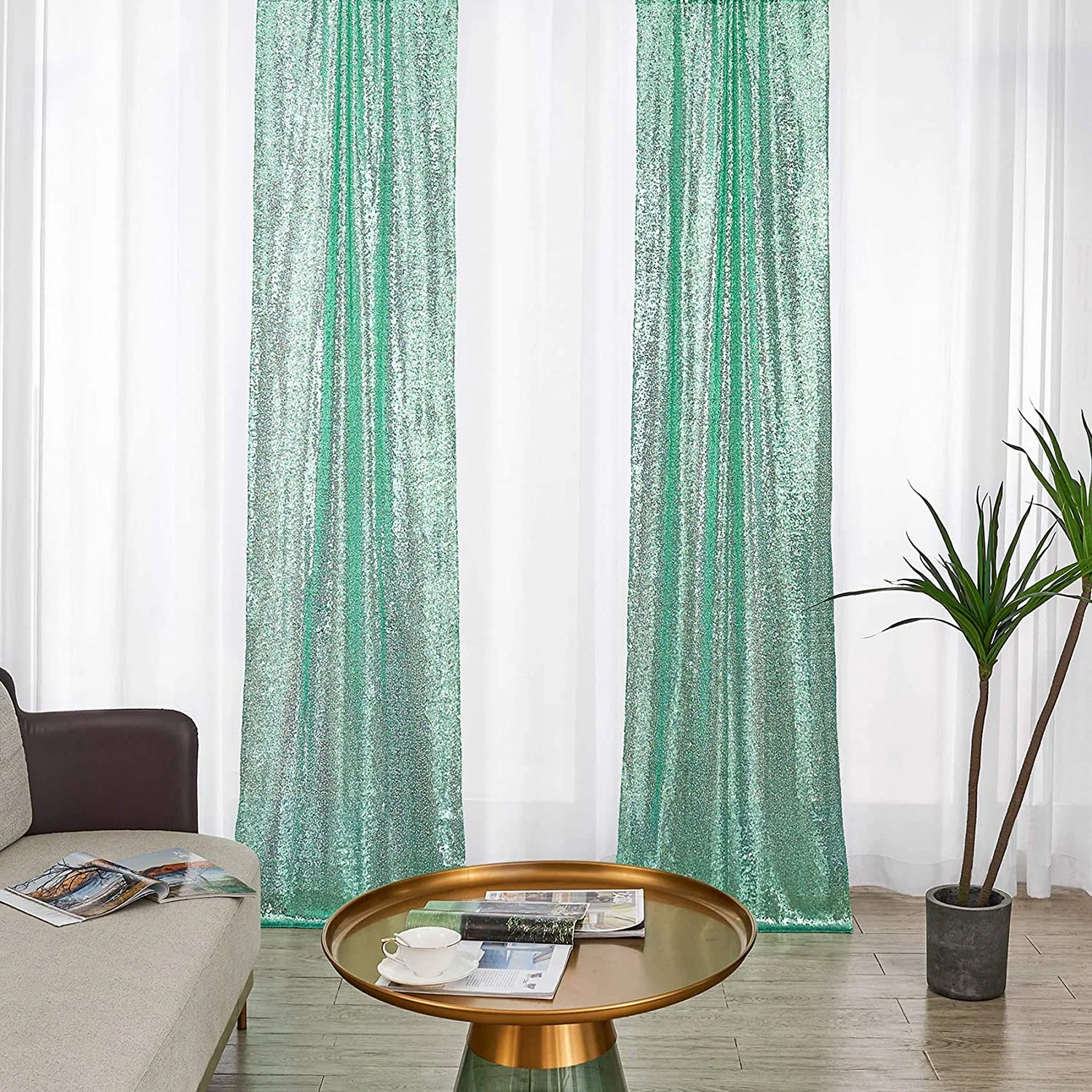 Verde menta Sequin cortina de telón de fondo 2pcs 2ftx8FT Glitter telón cortina para parte de la boda la decoración de Navidad fiesta de cumpleaños suministros