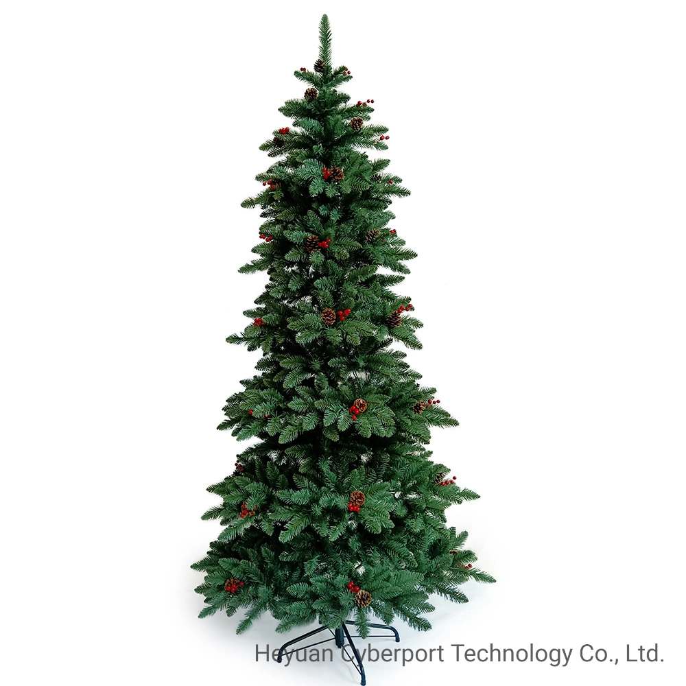 Diseño personalizado a mano artificial árbol batientes verde 7FT/7.5FT Pre-Lit lujo Árbol de Navidad de PVC con bayas rojas y los conos de pino