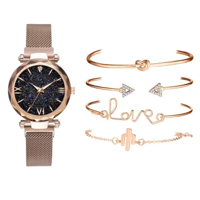 Luxury Women Watches 6PCS Set Elegant Female Wristwatches Magnetic Mesh Band Rose Woman Bangle Bracelet Watch Set