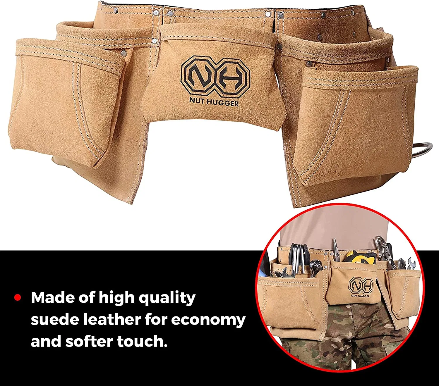 Mens 12 Pocket Suede Leather Tool Belt Work Apron Adjustable Waist Belt