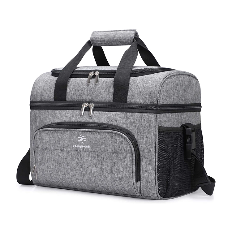 Collapsible Cooler Bag 32-Can Insulated Leakproof Soft Cooler Portable Double Decker Cooler Tote for Trip Picnic Sports Flight Grey