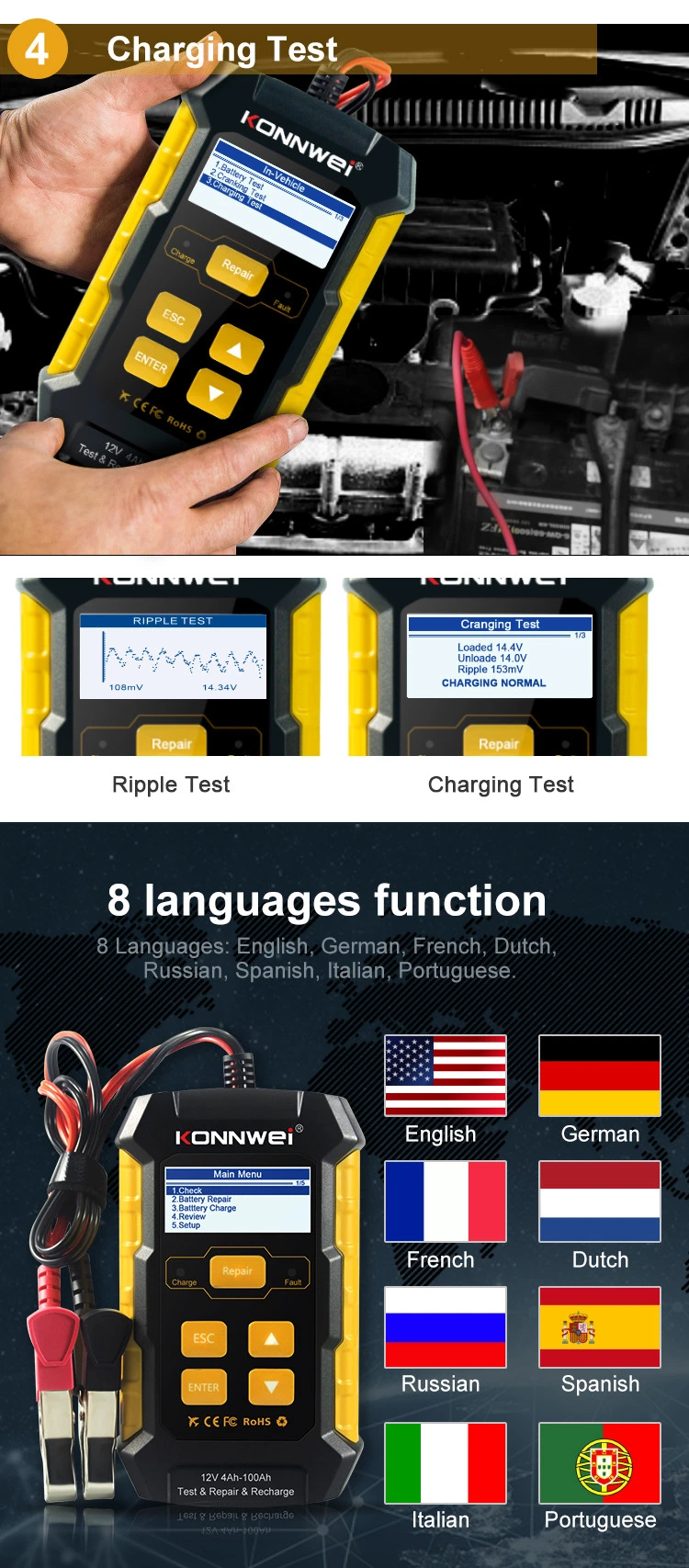 Kw510 Car Battery Tester with Repair and Charge Function