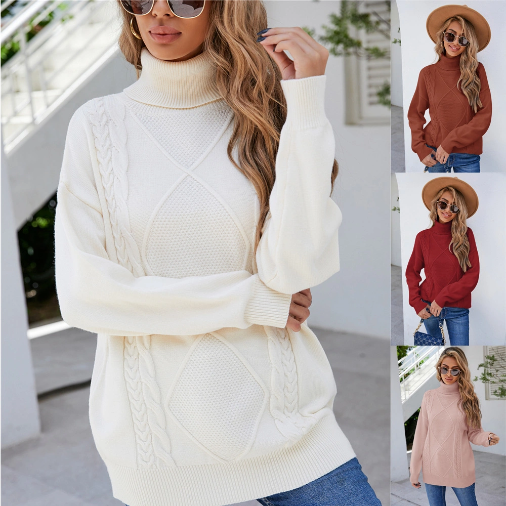 Camisola personalizada com logótipo OEM Knitting Top canelado Knit Turtleneck para mulher