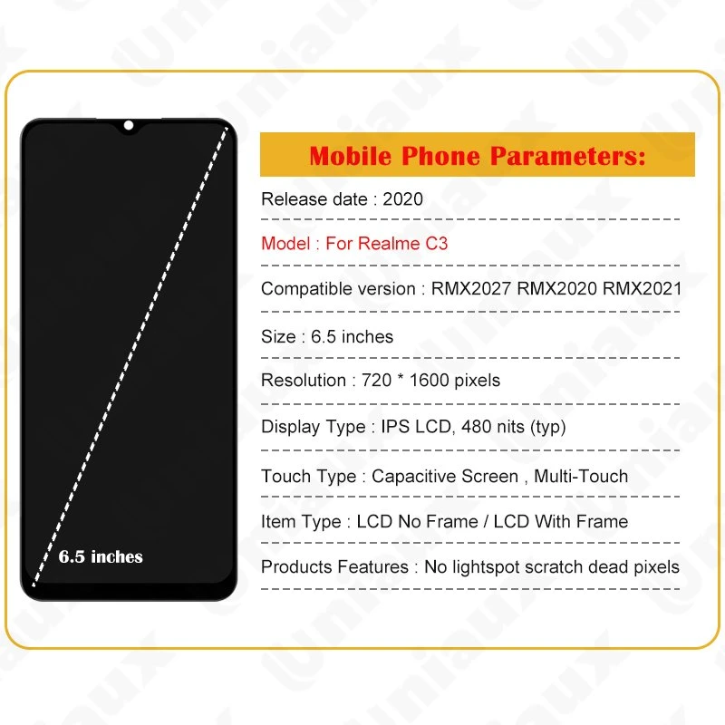 6,5''original para la pantalla LCD Oppo Realme C3 Rmx2027 Rmx2021 Rmx2020 Sustitución del digitalizador de pantalla táctil para la pantalla LCD Realme C3