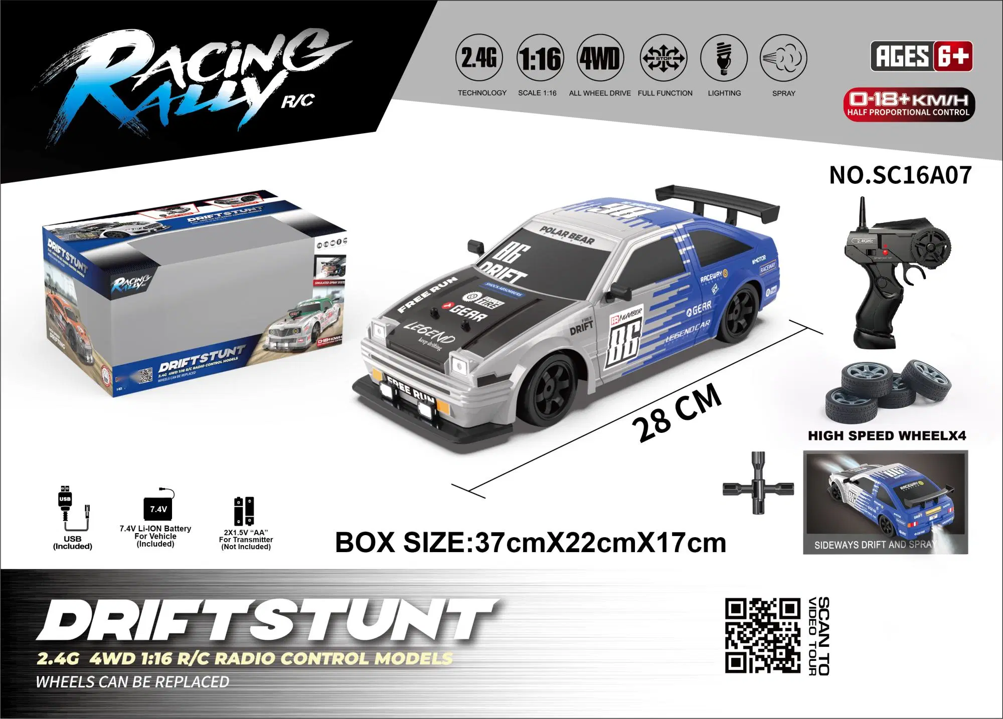 New Product 1: 16 Simulation 4WD Drift Car Sc16A05 Open Window Box Package Power 2.4GHz LED Lights Smoke Function R/C Toy