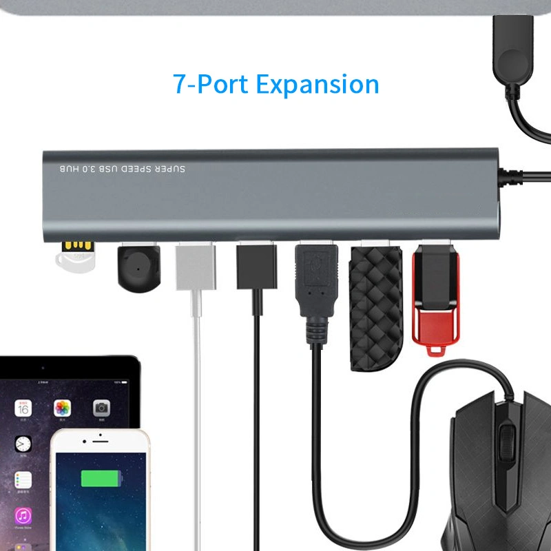 Concentrateur USB SuperSpeed en aluminium à 3.0 7 ports avec adaptateur secteur