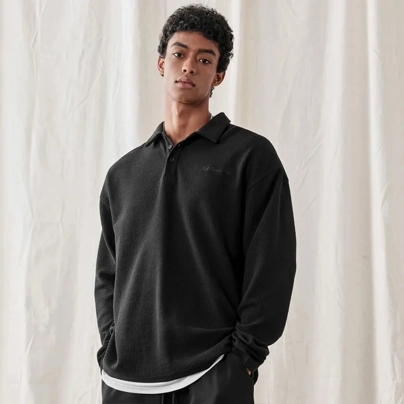 Custom Casual Breathable Black Men's Embroidery Long Sleeve Polo Shirt