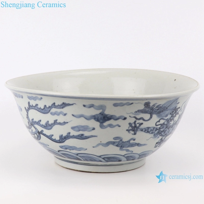 Chinese Old Style Antique Blue and White Porcelain Dragon Blessing Motif Ceramic Bowl