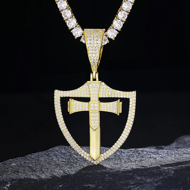 Pass Diamond Tester Cross Shield Pendant Gold Plated Non Tarnish 925 Sterling Silver Moissanite Diamond Iced out Hip Hop Jewelry