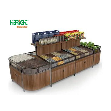 Supermarket Metal Wood Frame Shelves Spices Grain Dried Nuts Vegetable Display Rack