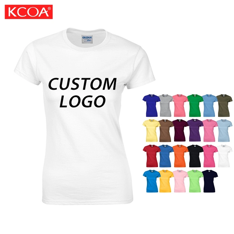 White Round Neck Custom Logo Screen Printing Plain Blank Female Ladies Cotton Women T-Shirt