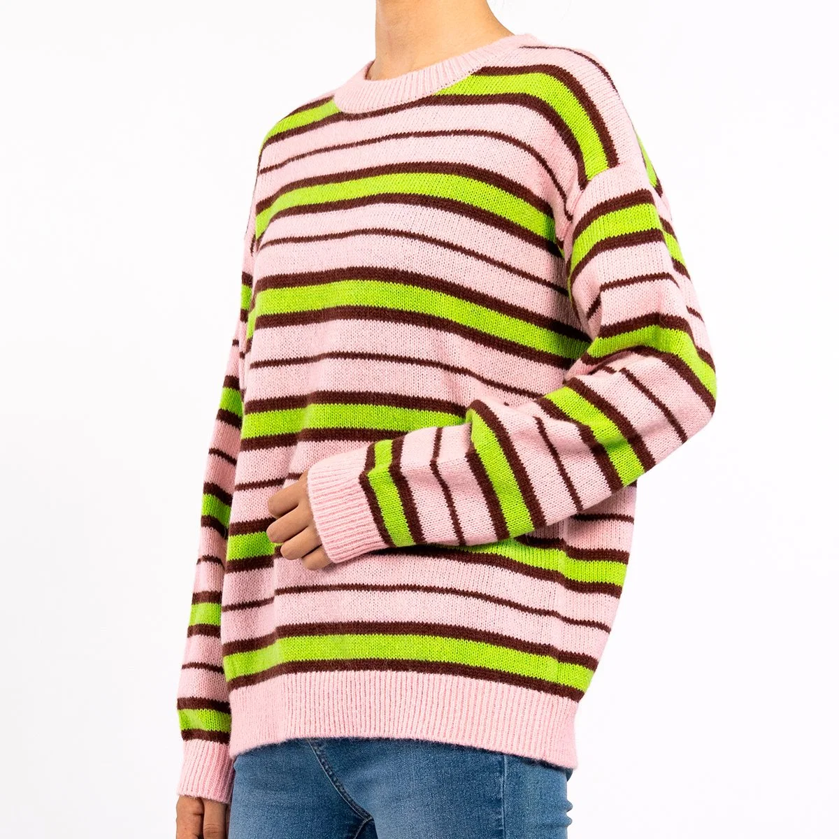 Colorful Striped Knit Lightweight Long Sleeve Loose Comfort Sweater Pullover for Women