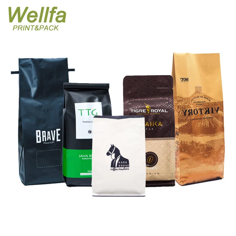 Benutzerdefinierte Druck umweltfreundliche 500g 800g 1kg Kraftpapier Verpackung Reißverschluss 8 Seite Flat Bottom Coffee Bag mit Ventil