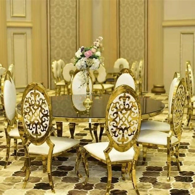 Table en verre trempé moderne de forme ronde, ovale et carrée avec plateau en marbre. Ensemble de chaises de mariage pour meubles de maison. Table à manger en acier inoxydable pouvant accueillir jusqu'à 10248 personnes.