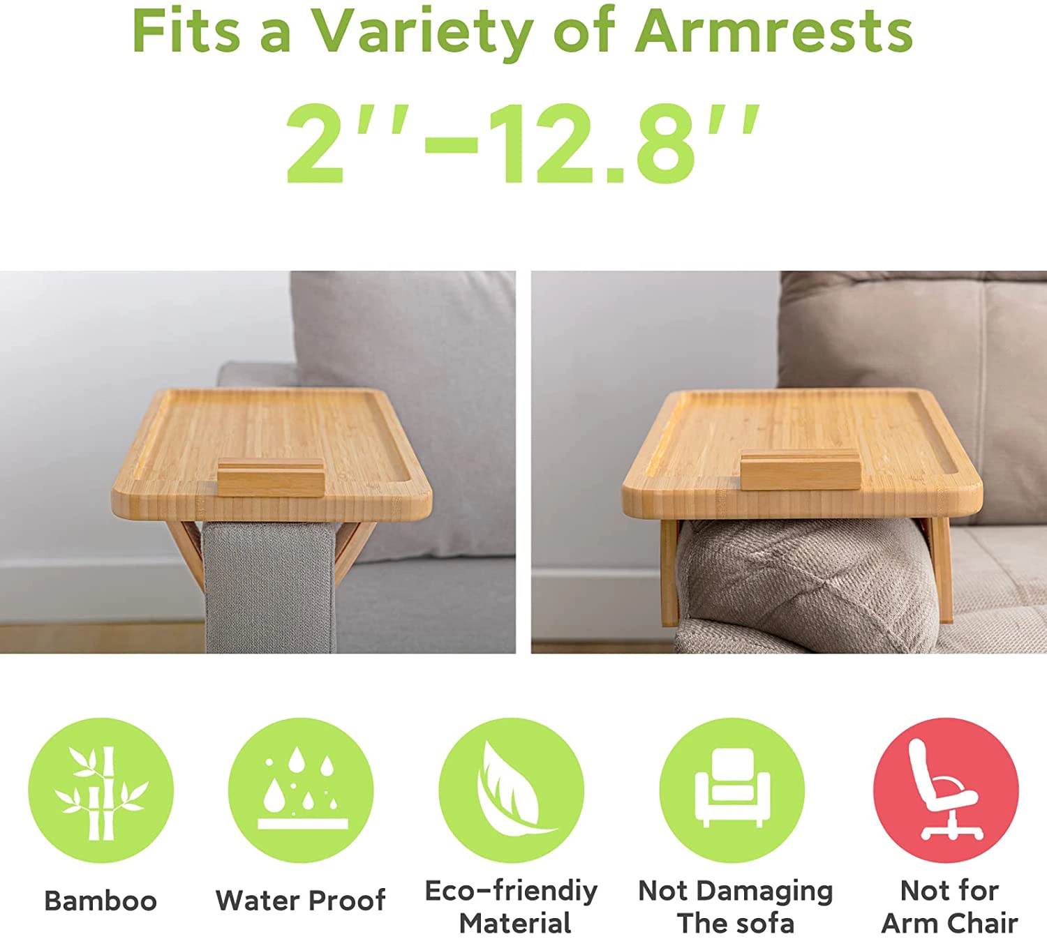 Bamboo Sofa Tray Table Clip on Side Table for Wide Couches Arm Foldable Couch Tray with Rotating Phone Holder Armrest Table for Eating Drinks Snacks