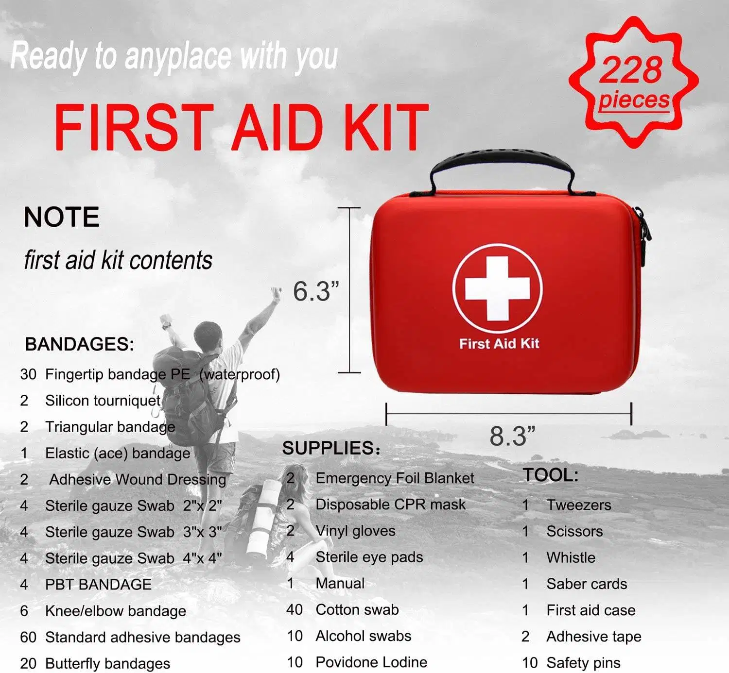 228 PCS Private Label Waterproof Travel Household Emergency First Aid Kit EVA Case Sign Box Survival Kit for Camping