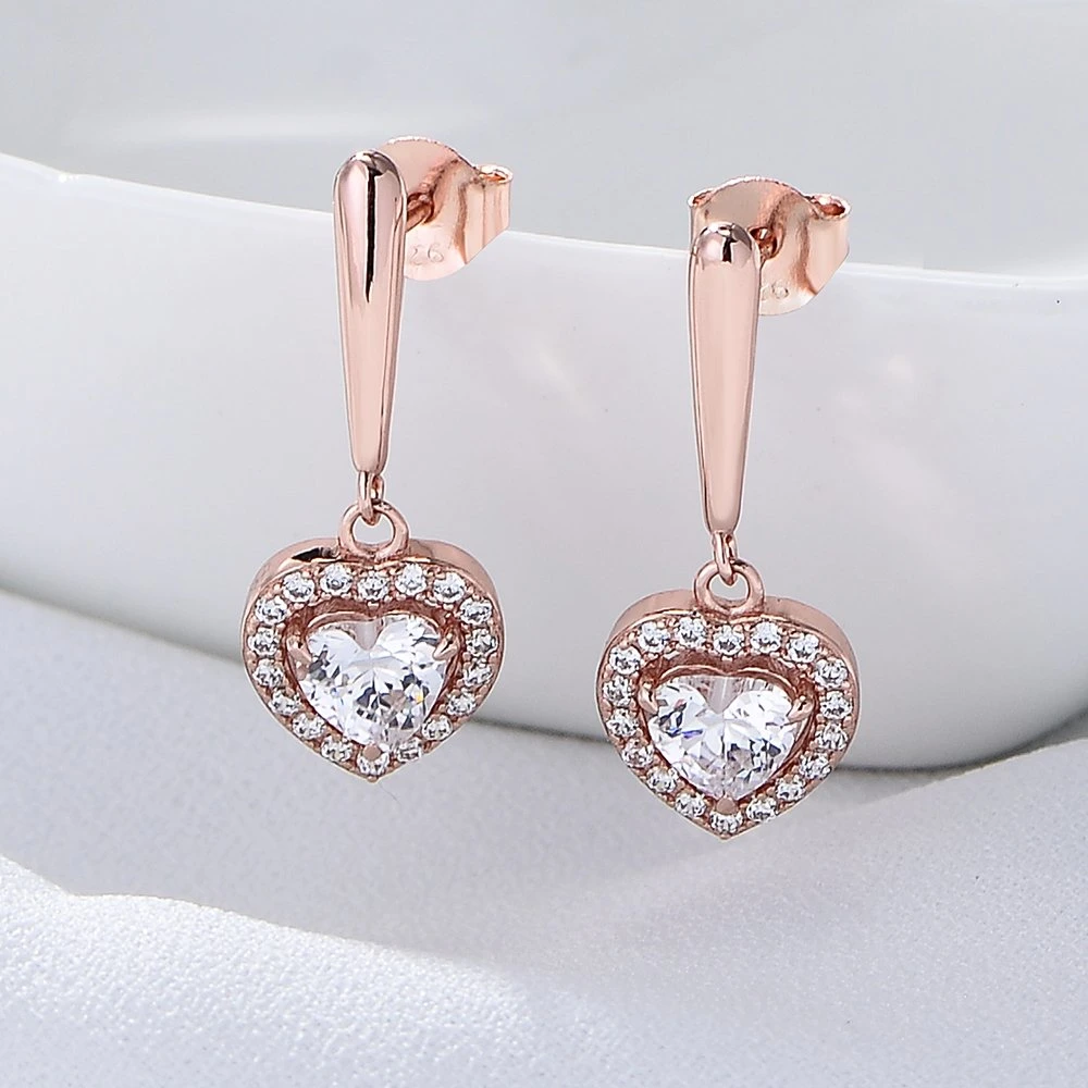 Fine Jewelry Rose Gold Plating Love Heart Cubic Zirconia Classic Designer 925 Sterling Silver Stud Earring