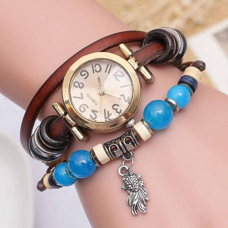 Leather Retro Beads Watch with Fish Pendant Bracelet Watch Jewelry Fashion Bracelet Analog Quartz Watches Christmas Gifts Esg13637