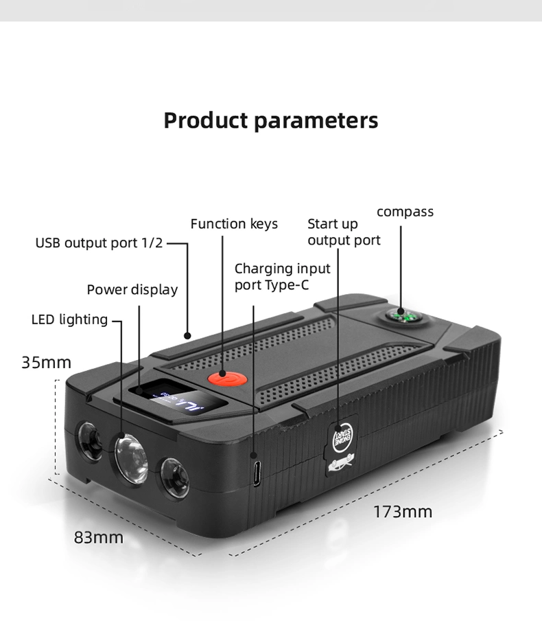 Fábrica ISO9001 China 12V 12000mAh Automobile multifunción arranque de emergencia Fuente de alimentación arranque arranque arranque coche batería de refuerzo con Compass Alto Capacidad