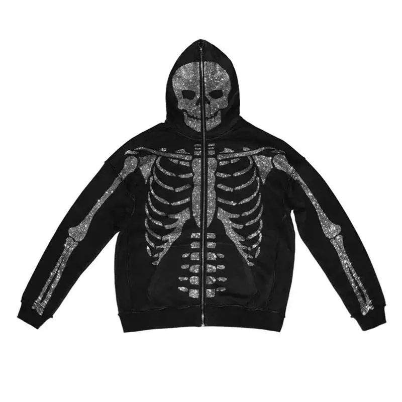 Custom Logo Printing Embroidery Full Face Zip Hoodie Rhinestone Skeleton Street Wear Sports Gym Heavy Weight Casual Workout Oversized Hoodies for Men