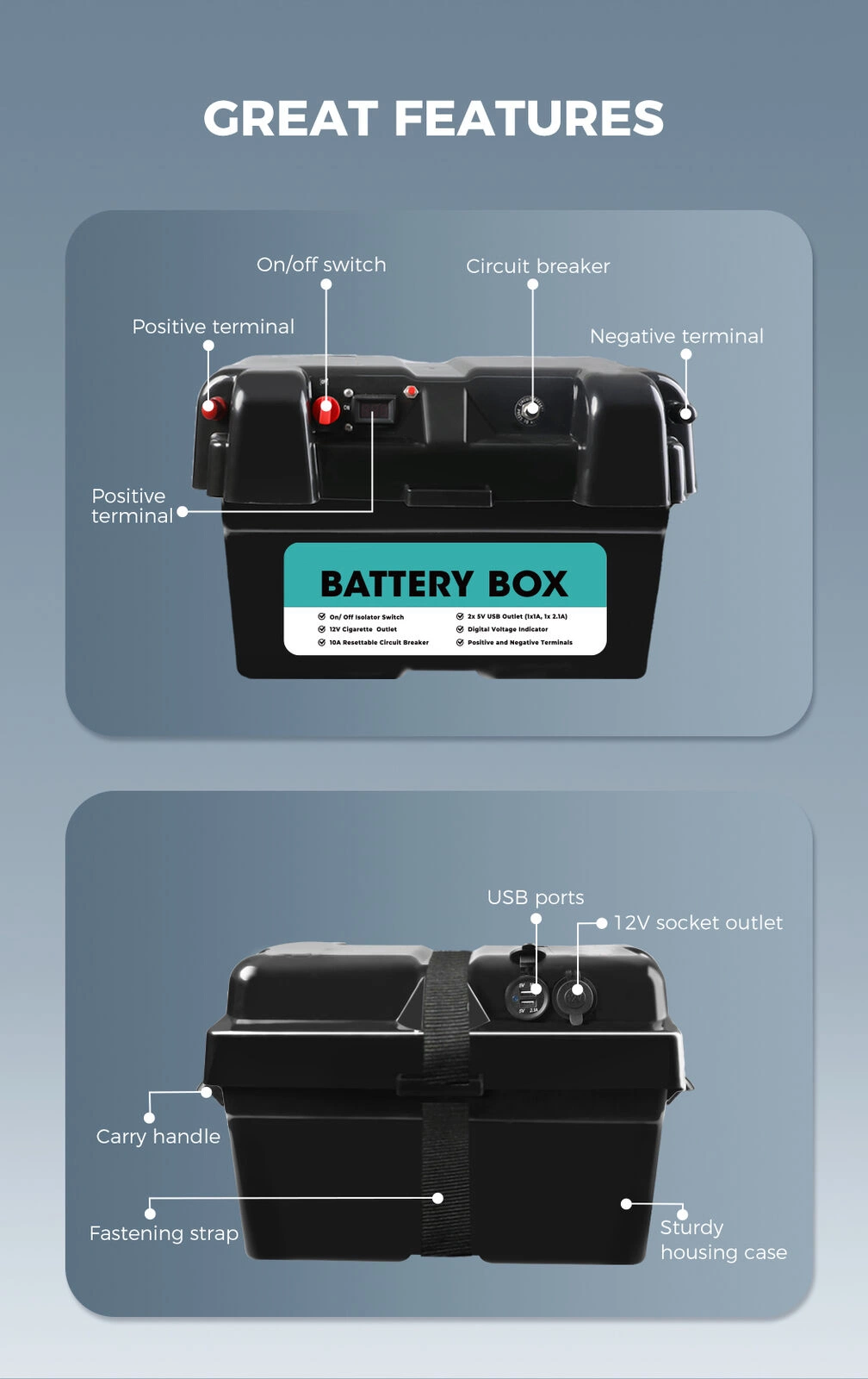 Prise femelle Camping CIG AGM Lithium 12V 2xusb portable Deep cycle Coffre à batteries