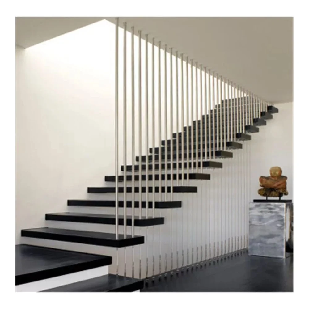 Floating Staircase Modern Design Indoor Straight Glass Railing LED Staircase Solid Wood Treads Floating Steel Wood Stairs