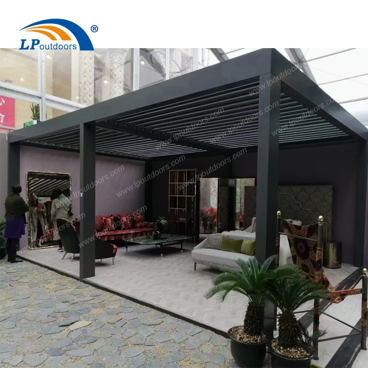 Aluminio sombra de sol Jardín eléctrico impermeable Gazebo Louvre techo Pergola con Luz LED