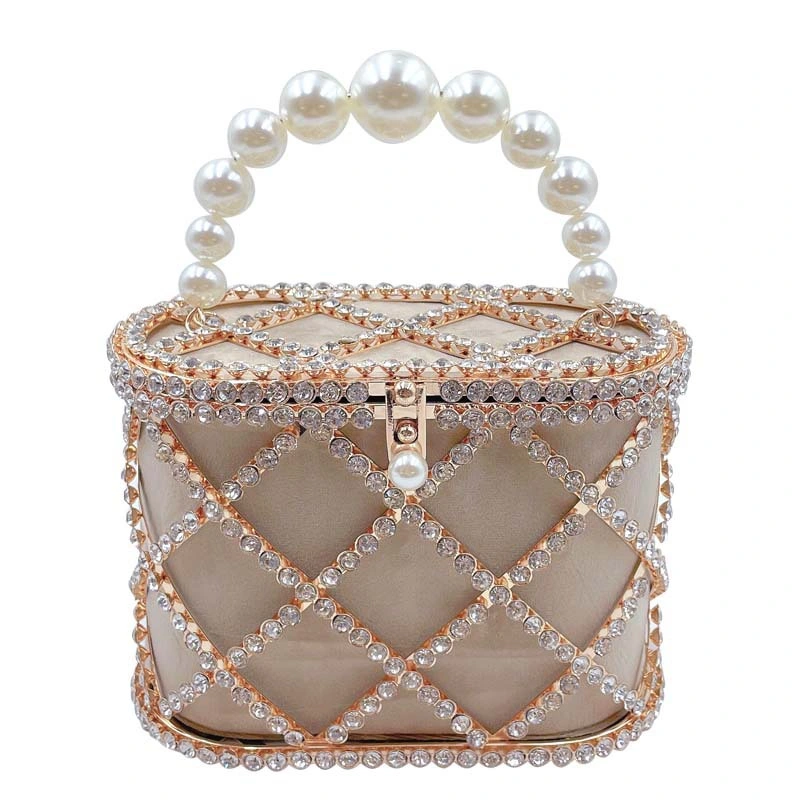 Multi-Color Crystal Rhinestone Handbag with Pearl Handle 45 Cm Long Gold Chain Fashion Bling Bucket Bag Rsgljg-3637