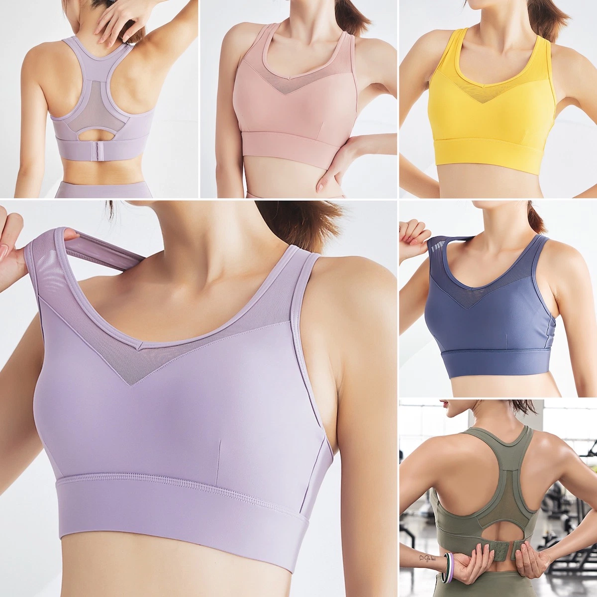 Factory Wholesale Light Pink Exercise Clothes Adjustable Sports Bra for Ladies, Hot Sexy Open Back High Support Yoga Wear Gym Workout Bra Top with Mesh Panel