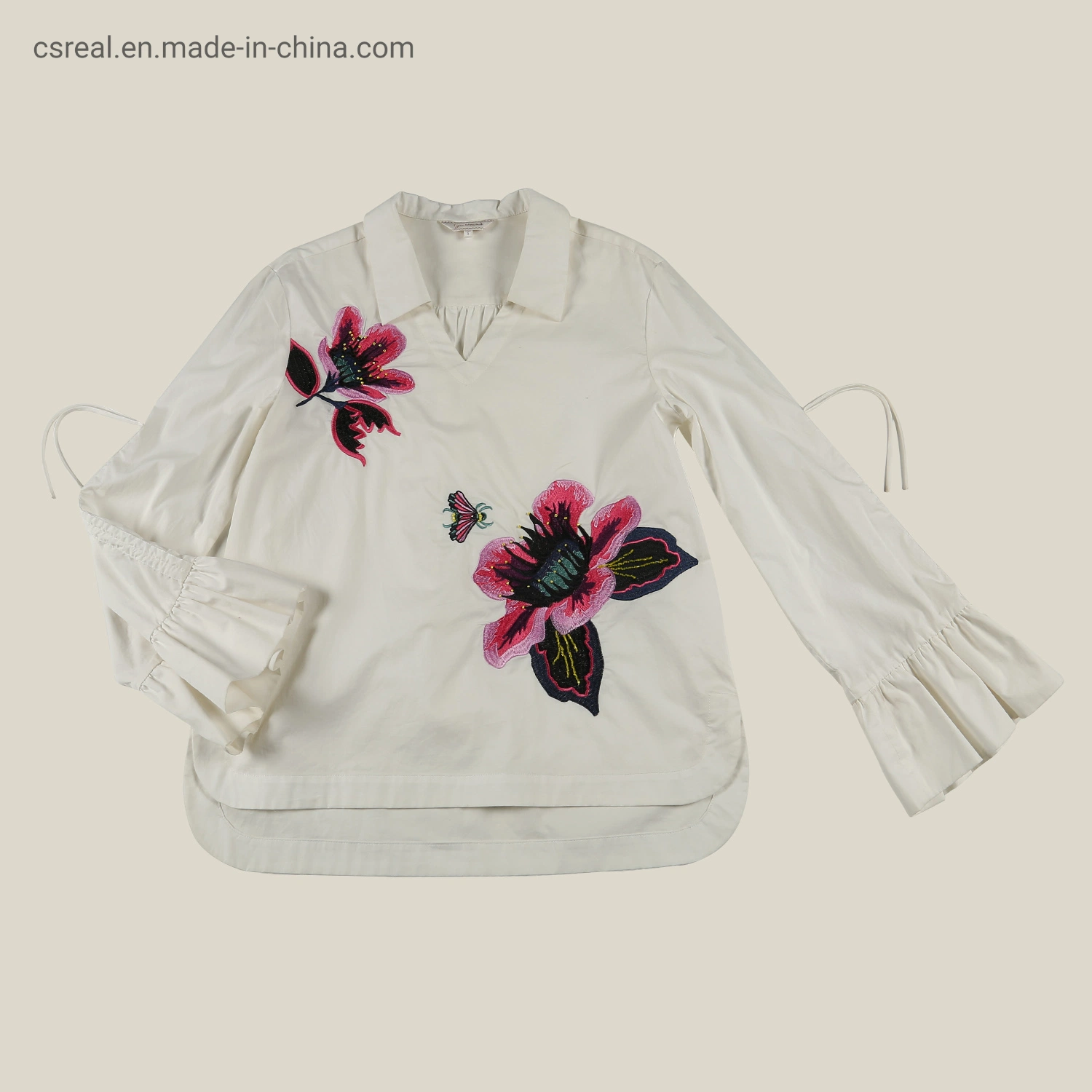 Children Clothes Girl Kids Woven Ivory Shirt Wear with Flower Embroidery