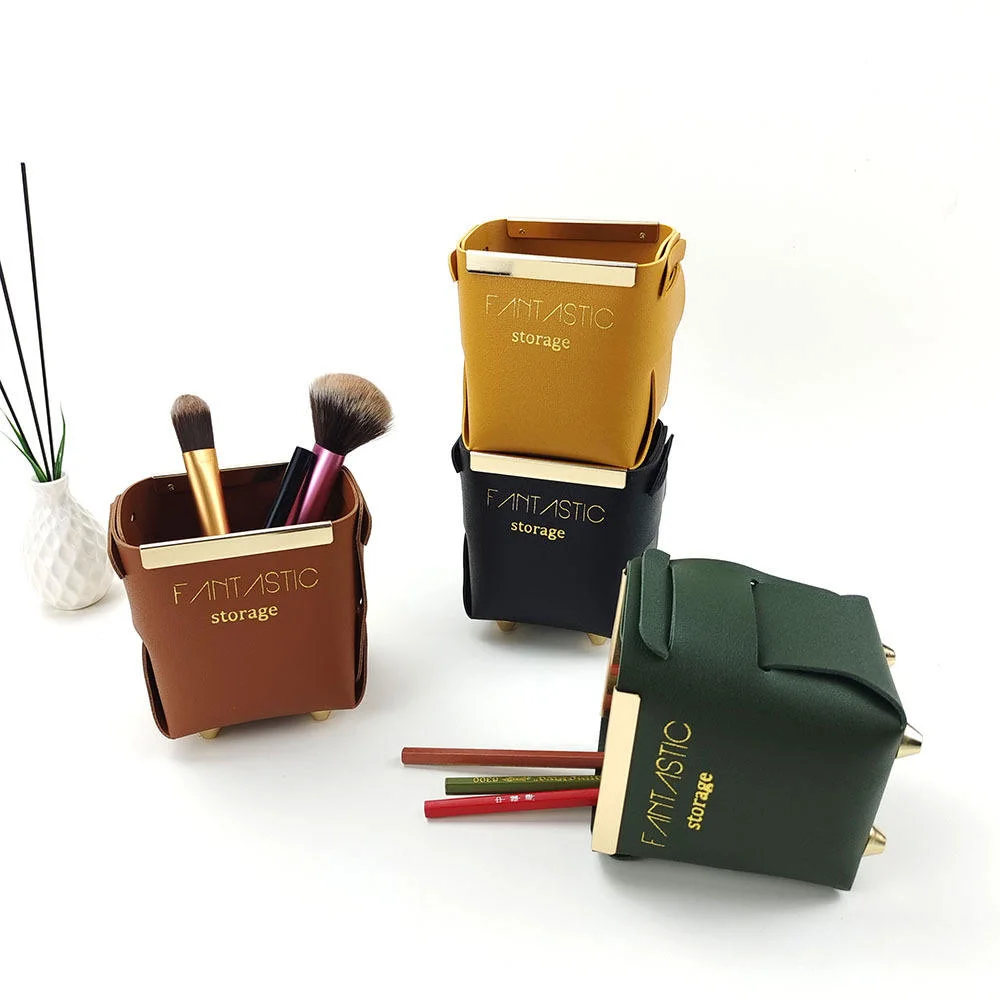 Desktop Jewelry Makeup Brush Leather Storage Case