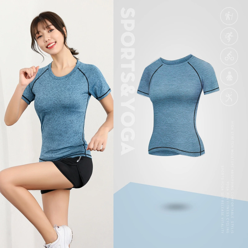 2023 Spring New Professional Yoga Fitness Sports Wear Ladies Round Neck Top Slim Gym Short Sleeves