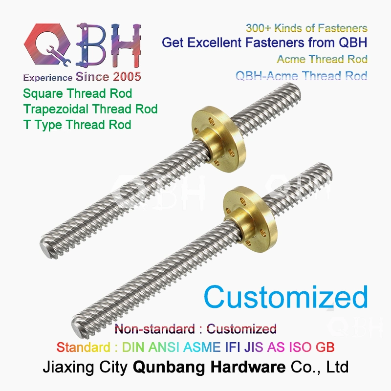 Qbh Custom-Made Type Trapezoidal Acme Square Section Roll Long Threaded Rod Bar Insert OEM ODM Leadscrew Lead Screw Nut