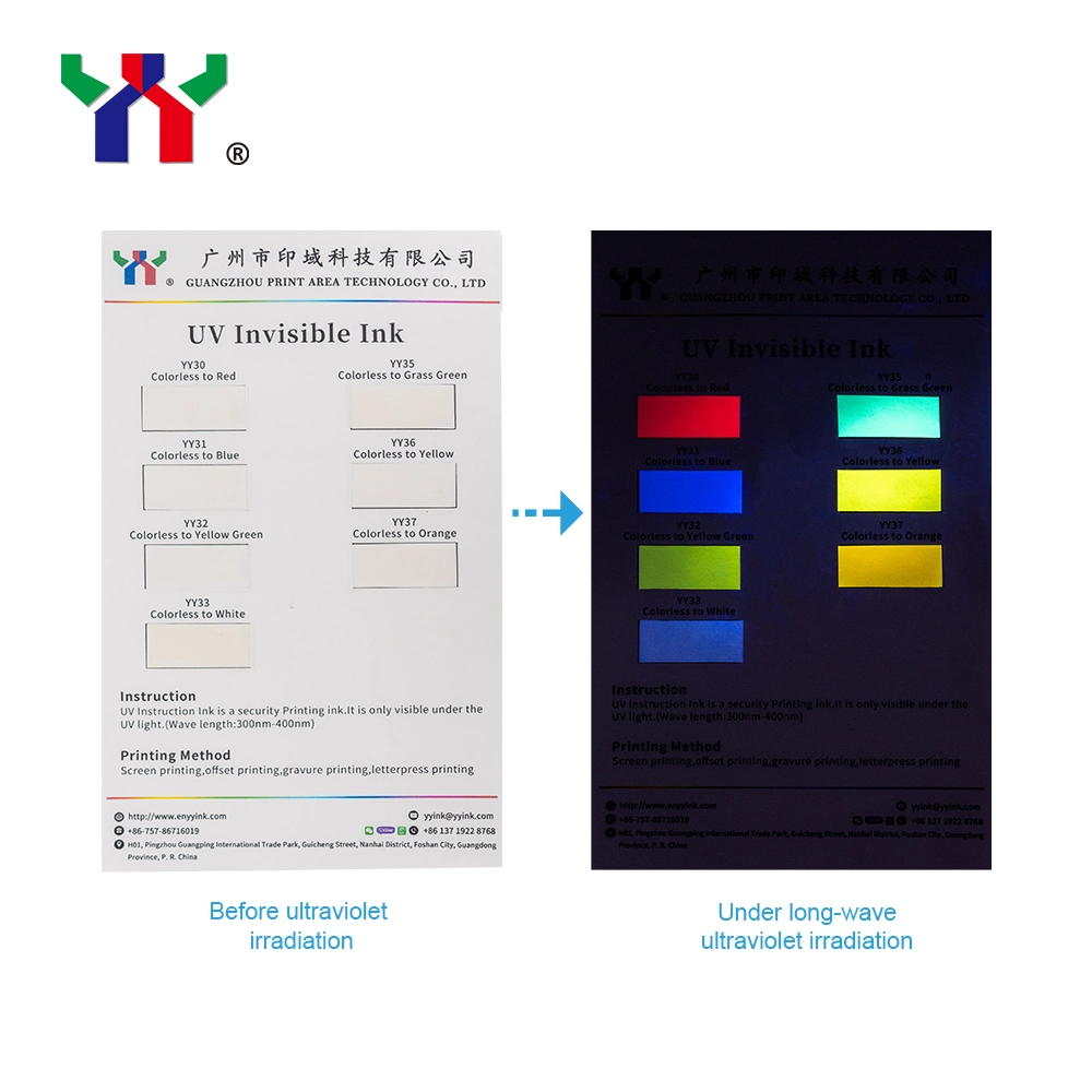 Tinta de segurança de alta qualidade offset UV invisível para papel de segurança, incolor a amarelo, Mostrar cor sob a lâmpada UV, 1 kg/lata