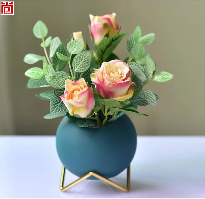 Different Color Round Shape Glass Vase with Metal Stand