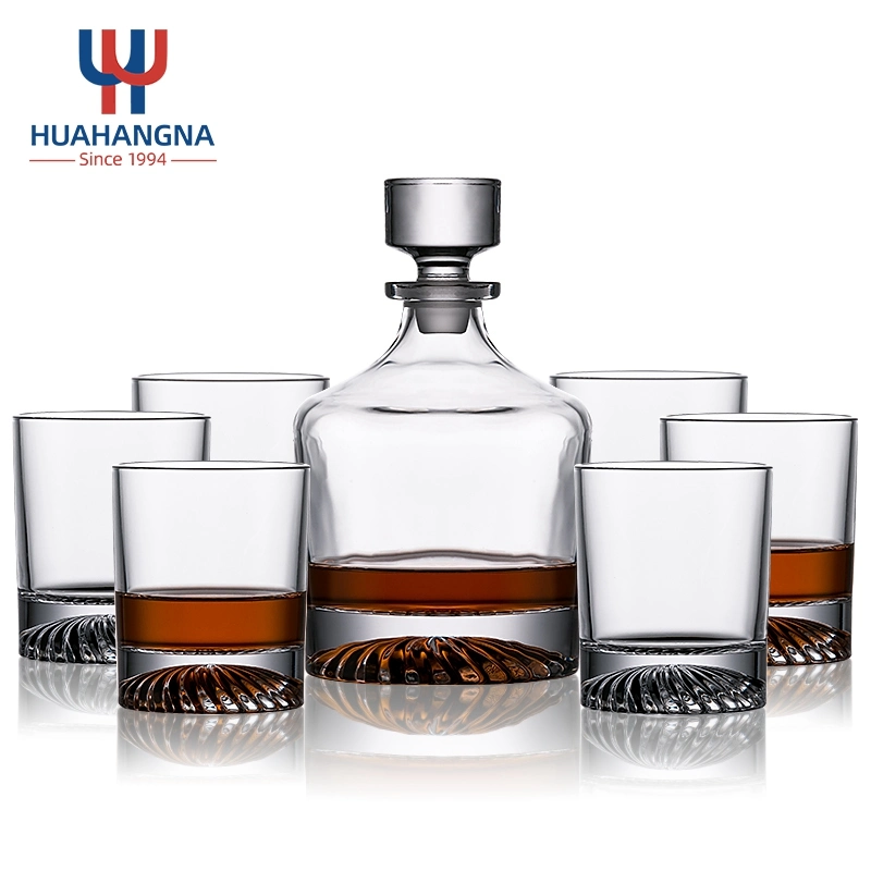 Huahangna Free Sample Classic Design 900ml Liquor Bottle Holder Whiskey Decanter Set with 6 Whisky Glasses in Gift Box for Gin Rum Tequila Wine