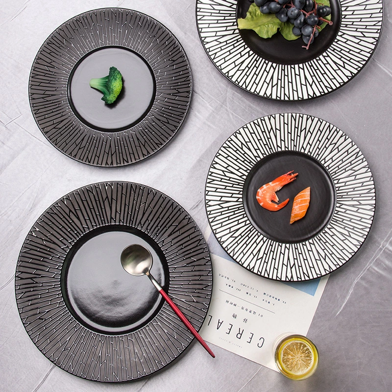 Nordic Bamboo Line Embossed White and Black Porcelain Plate Porcelain Dinnerware Plates Ceramic Dinner Plate