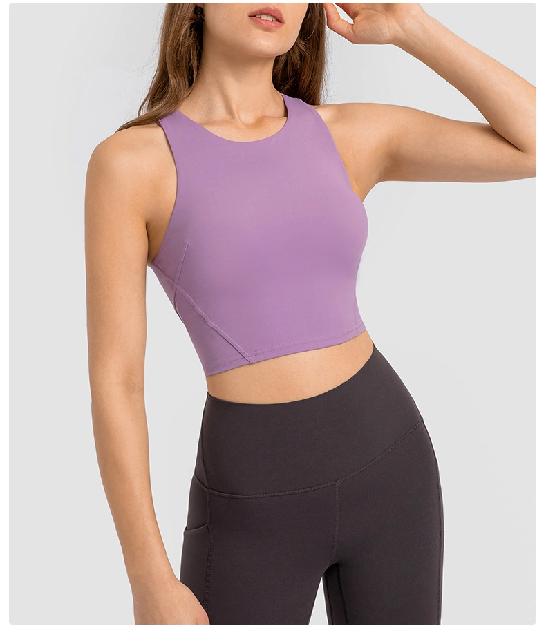 Lu-14 2022 Spring and Summer New Pull-up Round Tie Chest Pad Yoga Vest Nude Tight High-Elastic Sports Fitness Top Women