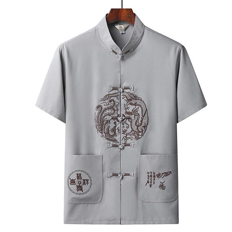 Traditional Chinese Clothing Tang Suit Men Garment Embroidery Logo Anti-Wrinkle Polo Shirts