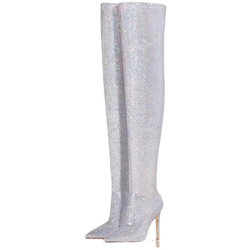 New Sexy Pointy Toe Super Stiletto Heel Ladies Long Boots Female Shoes Thigh-High Stylish Sequin Fashion Over The Knee Boots for Women