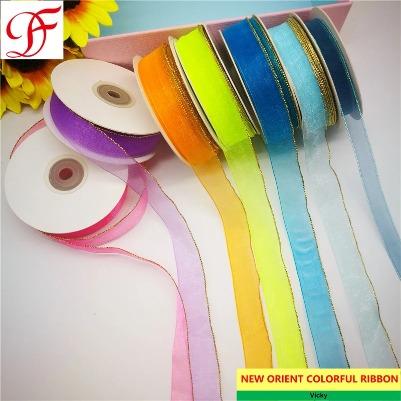 Manufacture Sheer/Organza Ribbon with Single Side Metallic Trims Gingham Hemp Cotton Crafts Band for Bows/Decoration/Xmas/Wrap Box/Underwear/Christmas