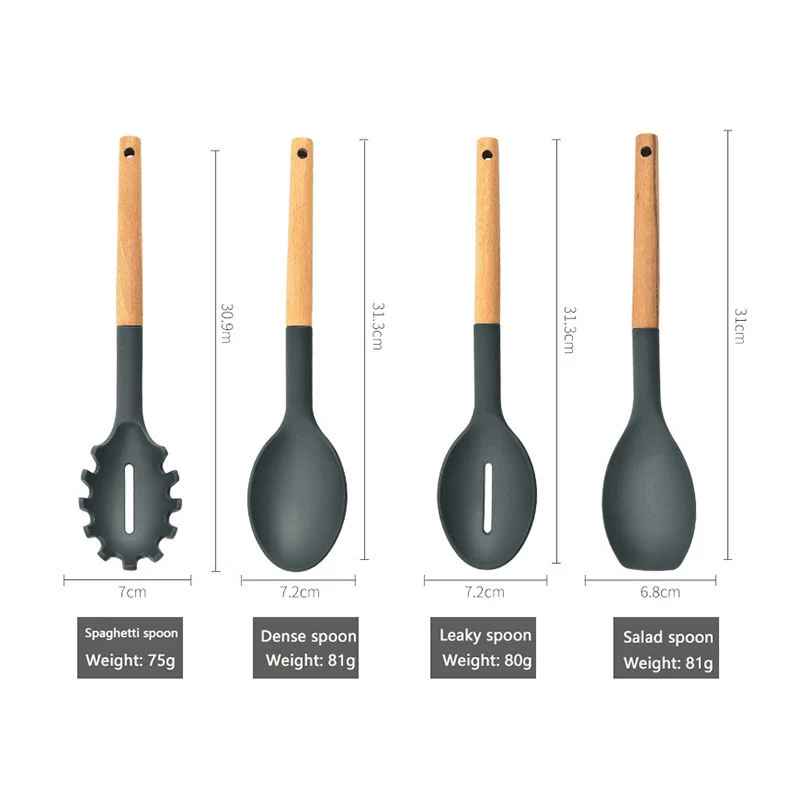 2024 New Customization Kitchen Tool Silicon Cooking Set with Wooden Handle Silicone Kitchen Utensil Set