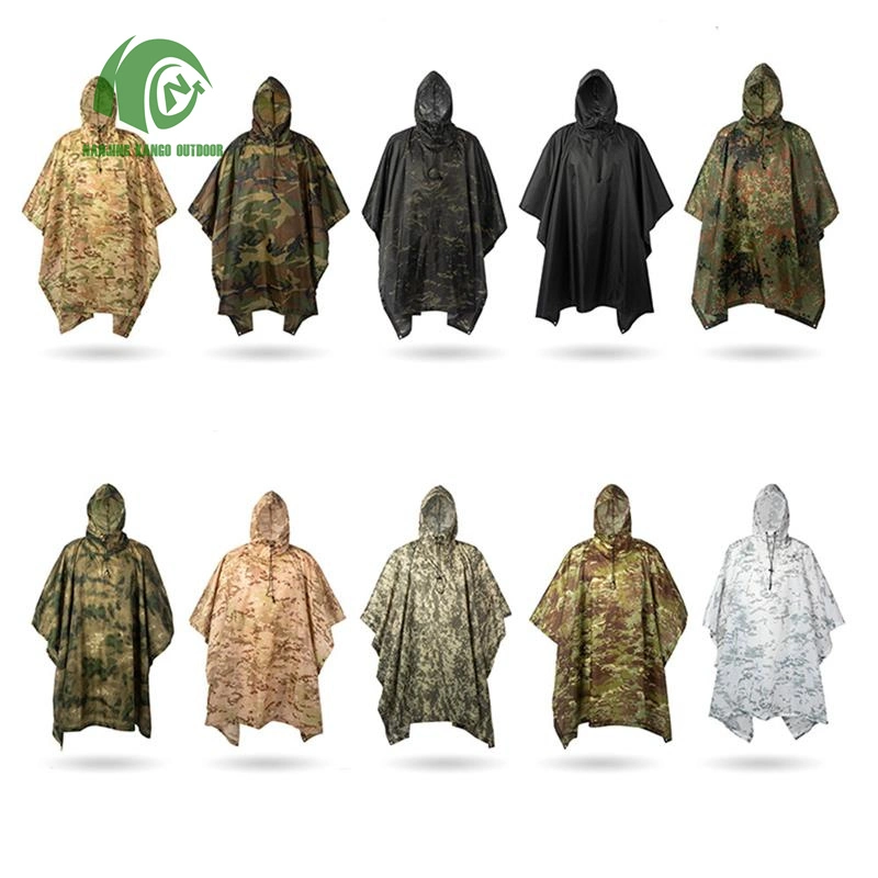 Kango Military Camouflage Portable Polyester PU Coated Raincoat Rain Poncho for Camping Hiking Hunting