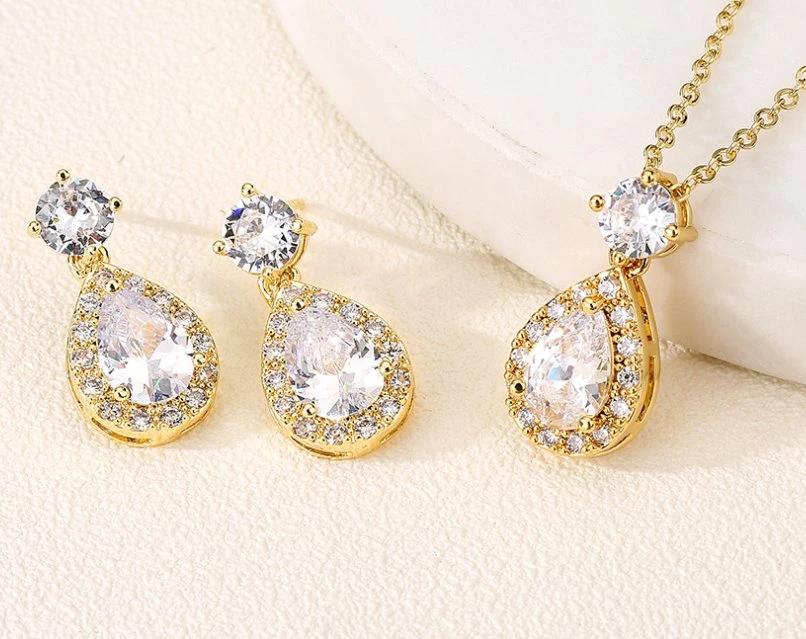 Rose Gold Teardrop Pear Shape CZ Necklace Pierced Earrings Women. Wedding Jewelry Sets