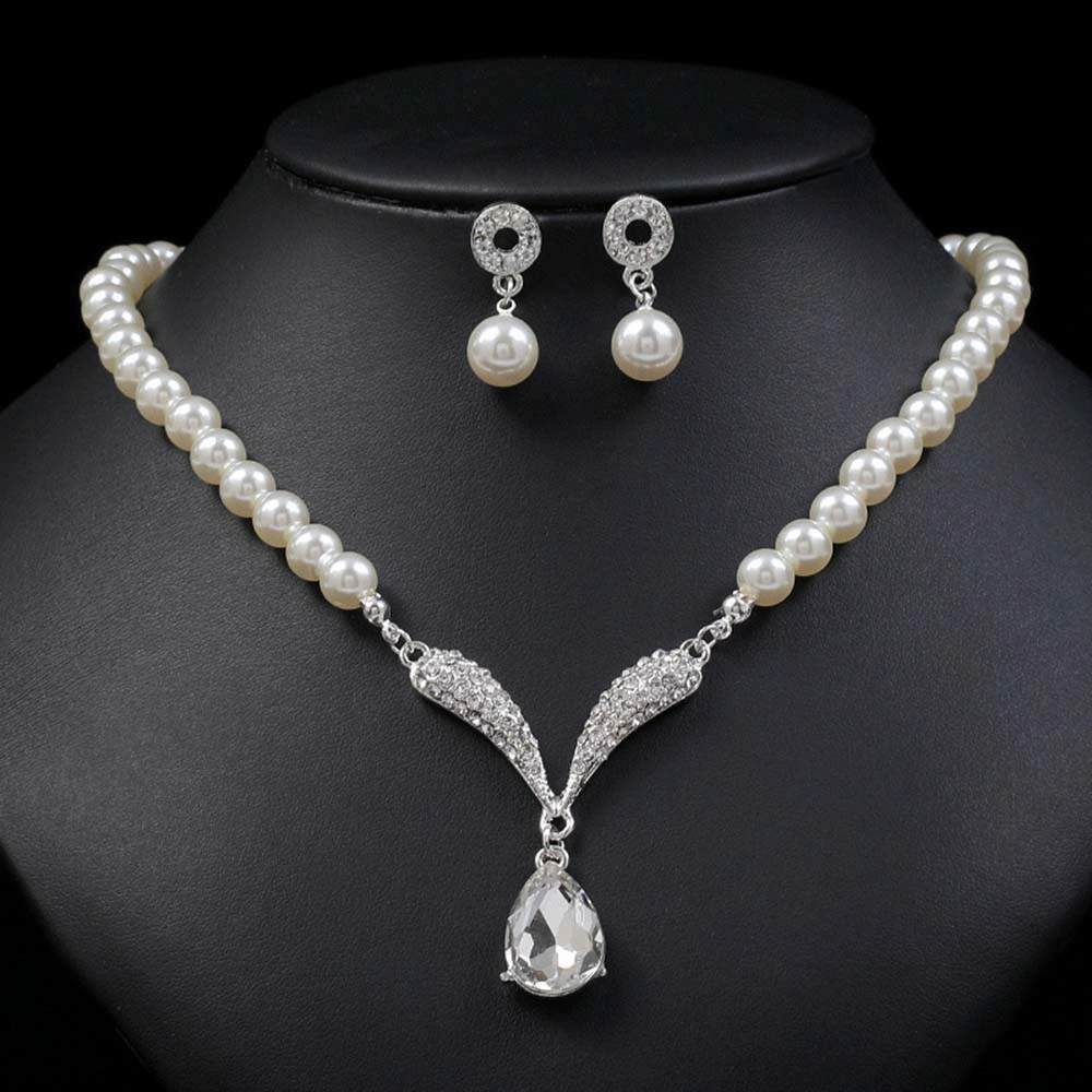 Hen3020 Pearl Necklace Earring Set Alloy Electroplated Bridal Dress Accessories Wedding Accessory